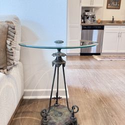 Antique Cast Metal Pedestal Table with Glass Top (One Piece) $150