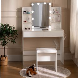 Homy Casa Slan Modern White Vanity Set with 7 Colors LED Mirror and Stool 35.4" Vanity Table LED Makeup Desk Storage Shelves