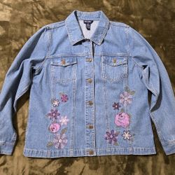 Denim & Co Womens Blue Jean Jacket Embroidery Pink Floral Large