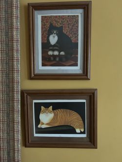 2 Framed Cat Prints, About 14x16”