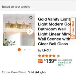 Gold Vanity Light 4-Light Modern Gold Bathroom Wall Light Linear Mirror Wall Sconce with Clear Bell Glass