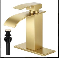 Brushed Gold Bathroom Faucets, Waterfall Bathroom Sink Faucet Single Handle Bathroom Faucet for 1 or 3 Hole, Mixer Tap Vanity Faucet with Deck Plate, 