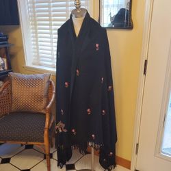 Vintage Black Wool Shawl/Large Scarf Embroidered Floral Hopeless Romantic