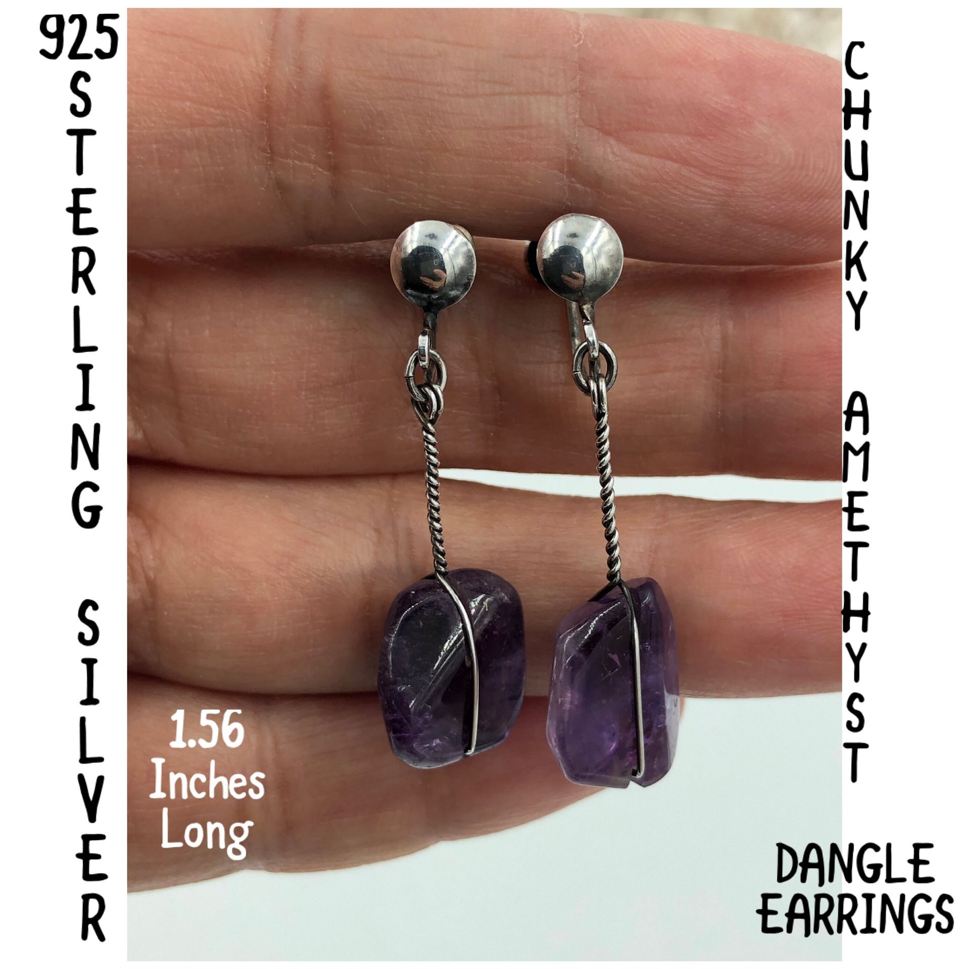 Vintage 925 Sterling Silver Chunky Amethyst Dangle Earrings