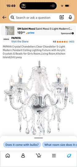 PAPAYA Crystal Chandeliers Clear Chandelier 5-Light Modern Pendant Ceiling Lighting Fixture with Acrylic Crystals & Beads for Girls Room,Living Room,K
