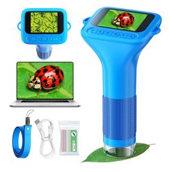 1000X Digital Kids Microscope Kit with 12 Slides & 2" Screen, Blue 1080P Imaging, Fit Ages 3-12, Standalone Pocket Science Edu Toys Gifts, Outdoor Bac
