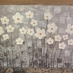 NEW 48”x24” Arts Hand-Painted Textured White Floral Oil Painting on Canvas, Modern Abstract Decor