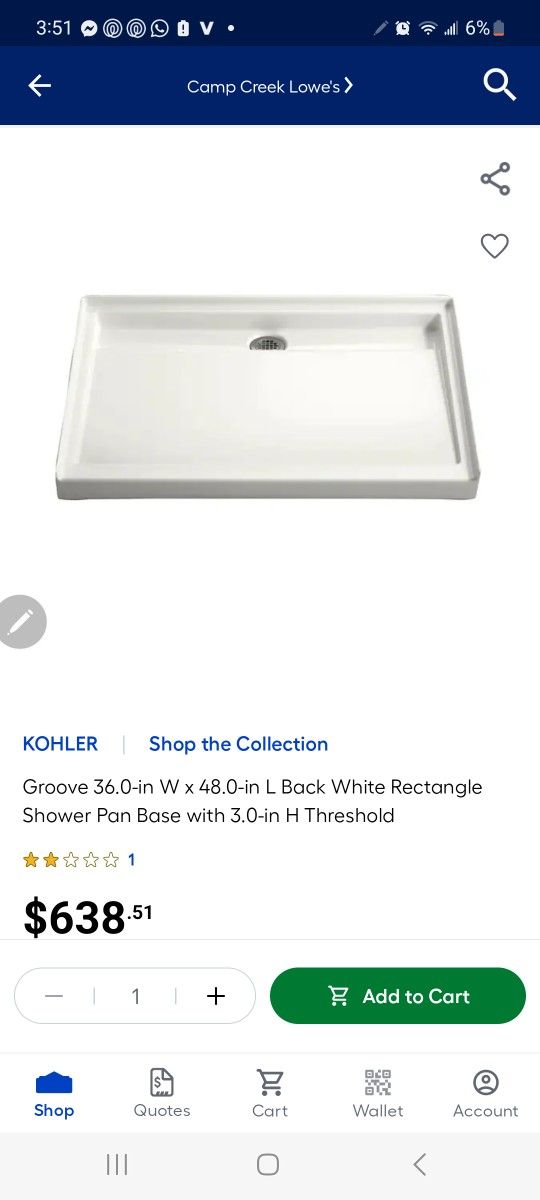 Kohler 36x48 Shower Base