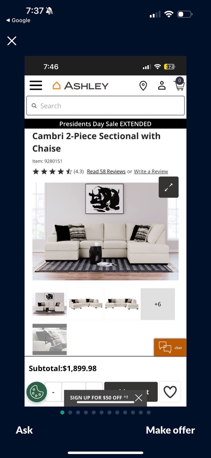 Ashley furniture- Sectional With Chaise
