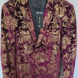 Chaqueta De Vestir Floral Para Hombre Con Solapa Medida Chica Color Guinda Con Dorado 