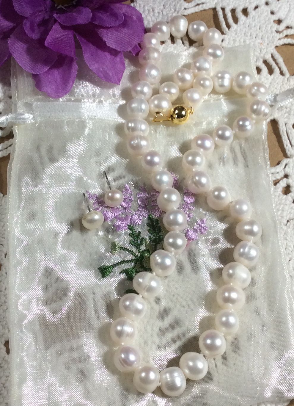 Genuine Natural White 18 Inch Culture, Pearl Necklace And Earring Set 8 Mm. SG-0059