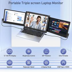 Portable Monitor for Laptop Screen Extender Dual 12'' Tri Display 1080P FHD IPS USB-A/Type-C/HDMI 4 Speakers Monitor for Switch/PS5 Support 13''-16'' 