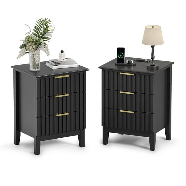 Fluted Nightstand Set of 2 with 3 Drawers, Black
