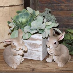 NEW French Country Farmhouse Cottage Bunny Rabbits & Summer Greenery Succulent Arrangement