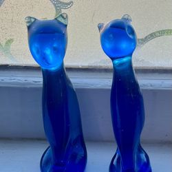 Pilgrim Cat Figurines Hand Blown Cobalt Art Glass Vintage Small Glass Cat Figurines