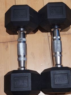 pair of standard 10-lb rubber-coated hex dumbbells featuring contoured, knurled chrome handles.