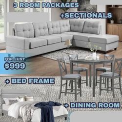 New 3 Room package Deals- Bed Dining Room Sectional Sofa- Mattress And More