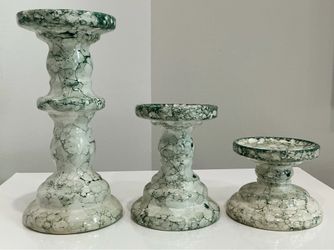 Vintage Triple Set of Shabby Green and White Fire Glazed Clay Candleholders with Marble Look