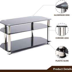 Glass Corner TV Stand for 32-70 Inch Flat / Curved Screen TVs, TV Table with Black Tempered Glasses and Silver Stainless Tubes, Small Entertainment 