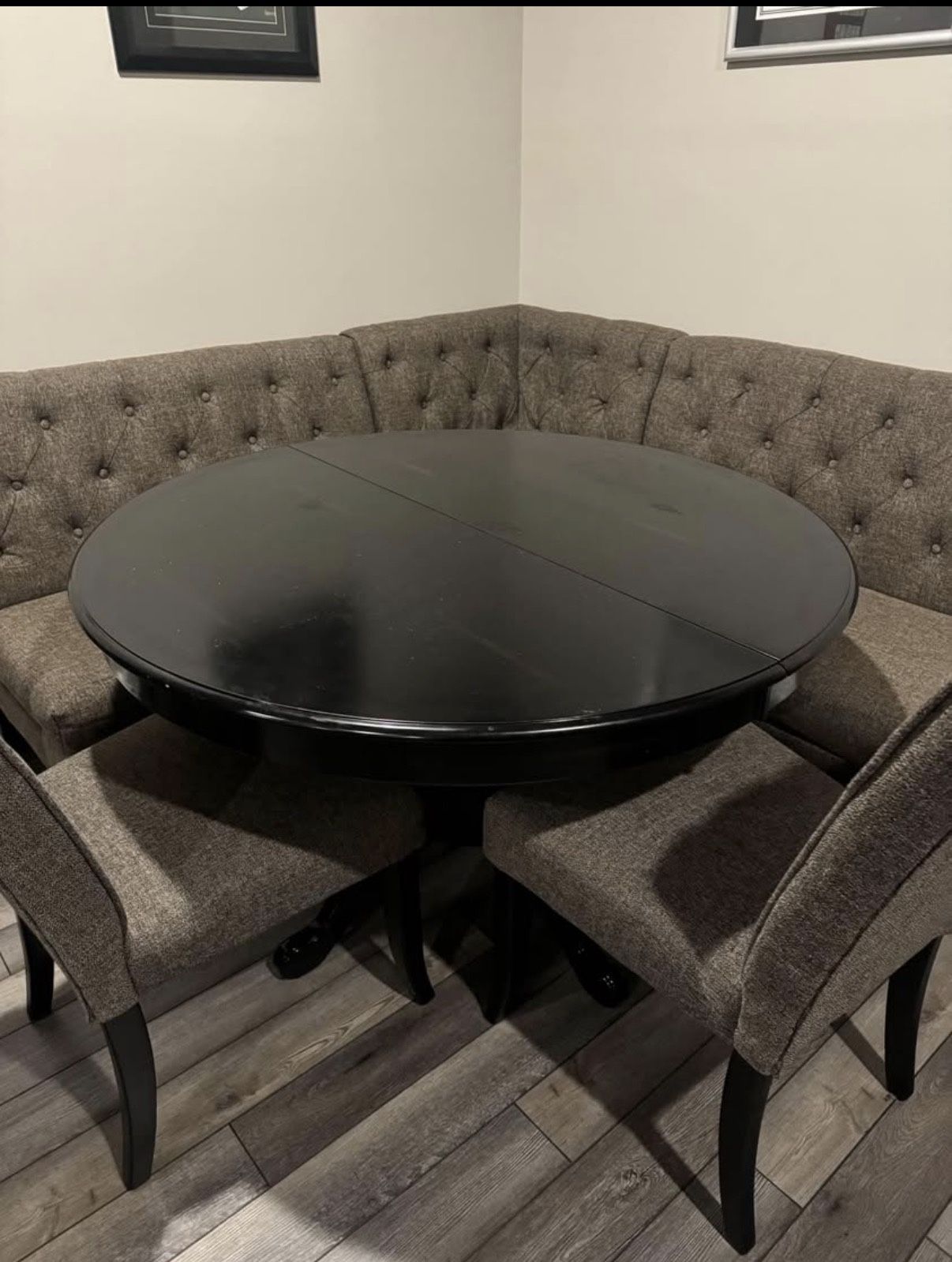 Pier 1 Round table and Ashley Tripton corner nook bench and 2 dining chairs