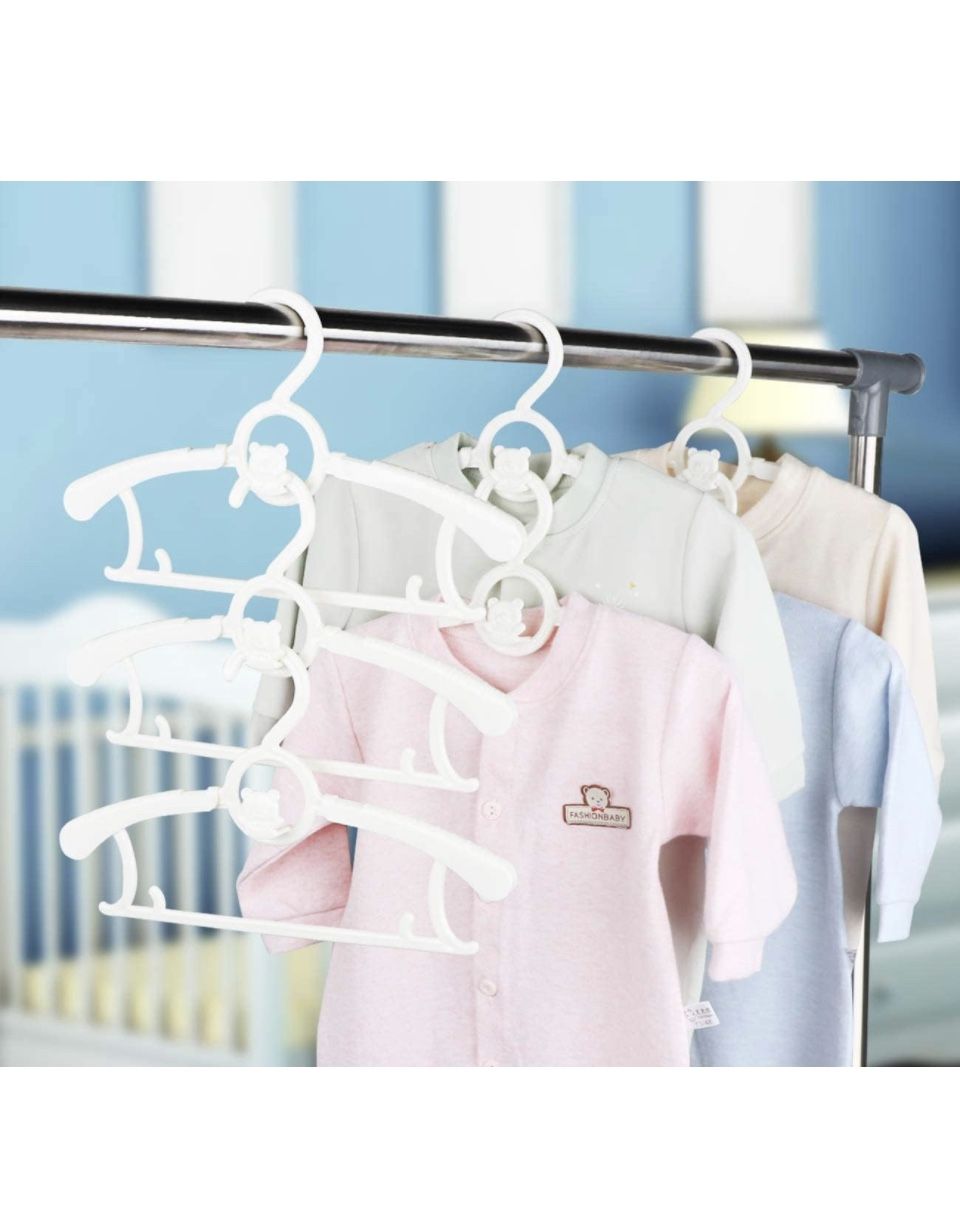 Baby Hangers for Closet 10 Pcs White Kids Clothes Hanger Plastic, 11-14" Adjustable Bulk Perchas for Newborn, Non-Slip Children Outfit Bear Hang