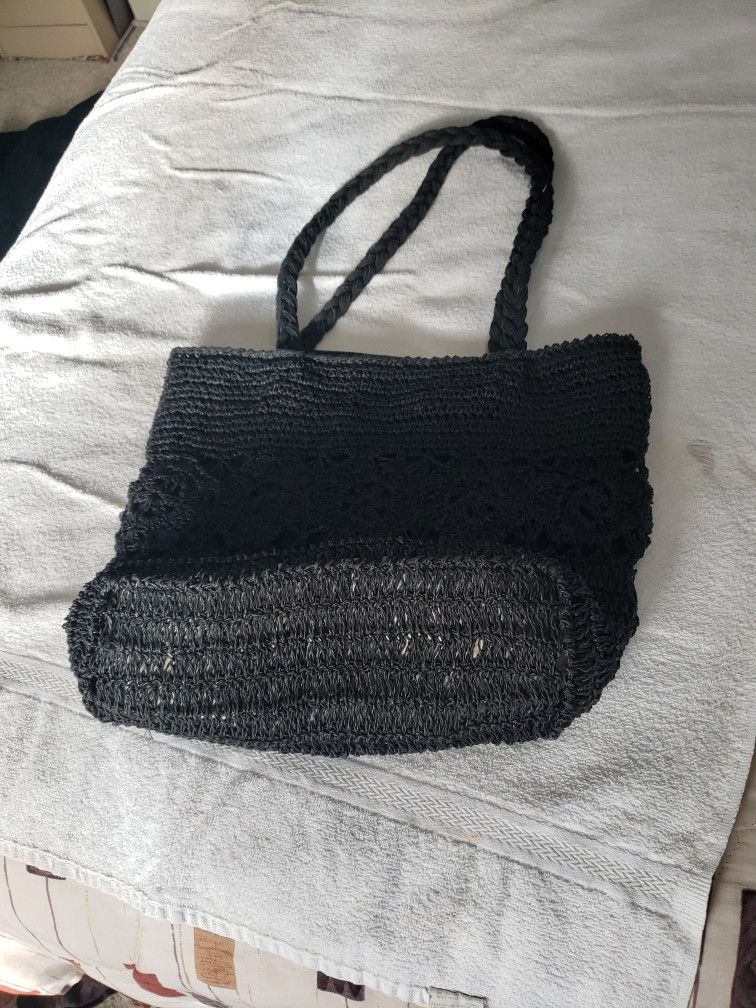 Black Crochet Type Woven Handbag