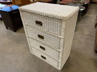 Petite White Wicker 4 Drawer Dresser with Brass Pulls