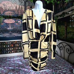 Black Gold Square Design Luxury Satin Ruched Surplice Front Dress Medium