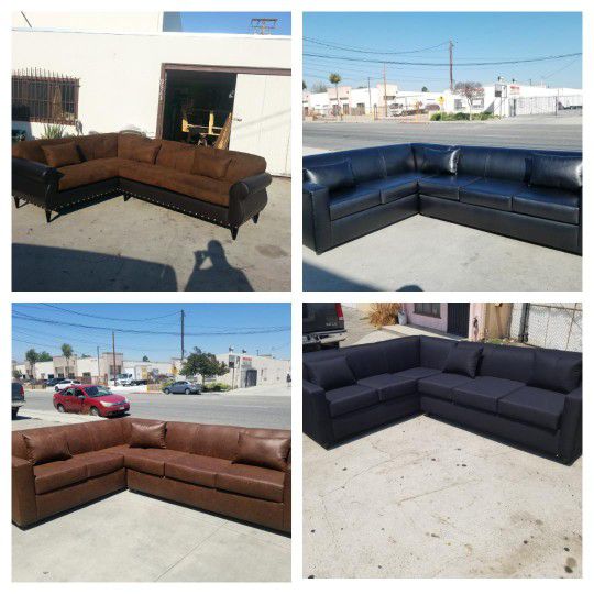 NEW 7X9FT SECTIONAL COUCHES. BROWN COMBO, BLACK LEATHER Dakota Brown LEATHER , DOMINO BLACK FABRIC Sofas,COUCH 