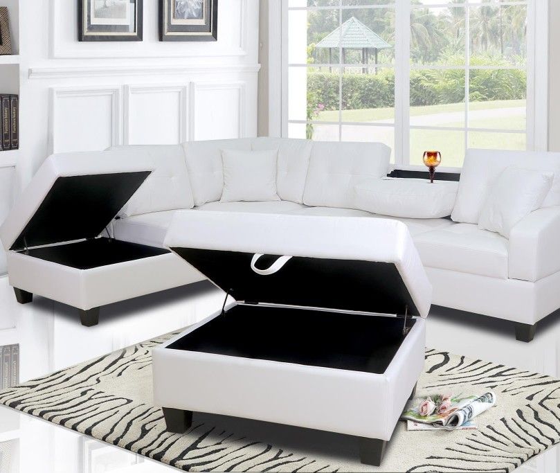 White Leather Sectional and Storage Ottoman *BRAND NEW-IN-BOX*