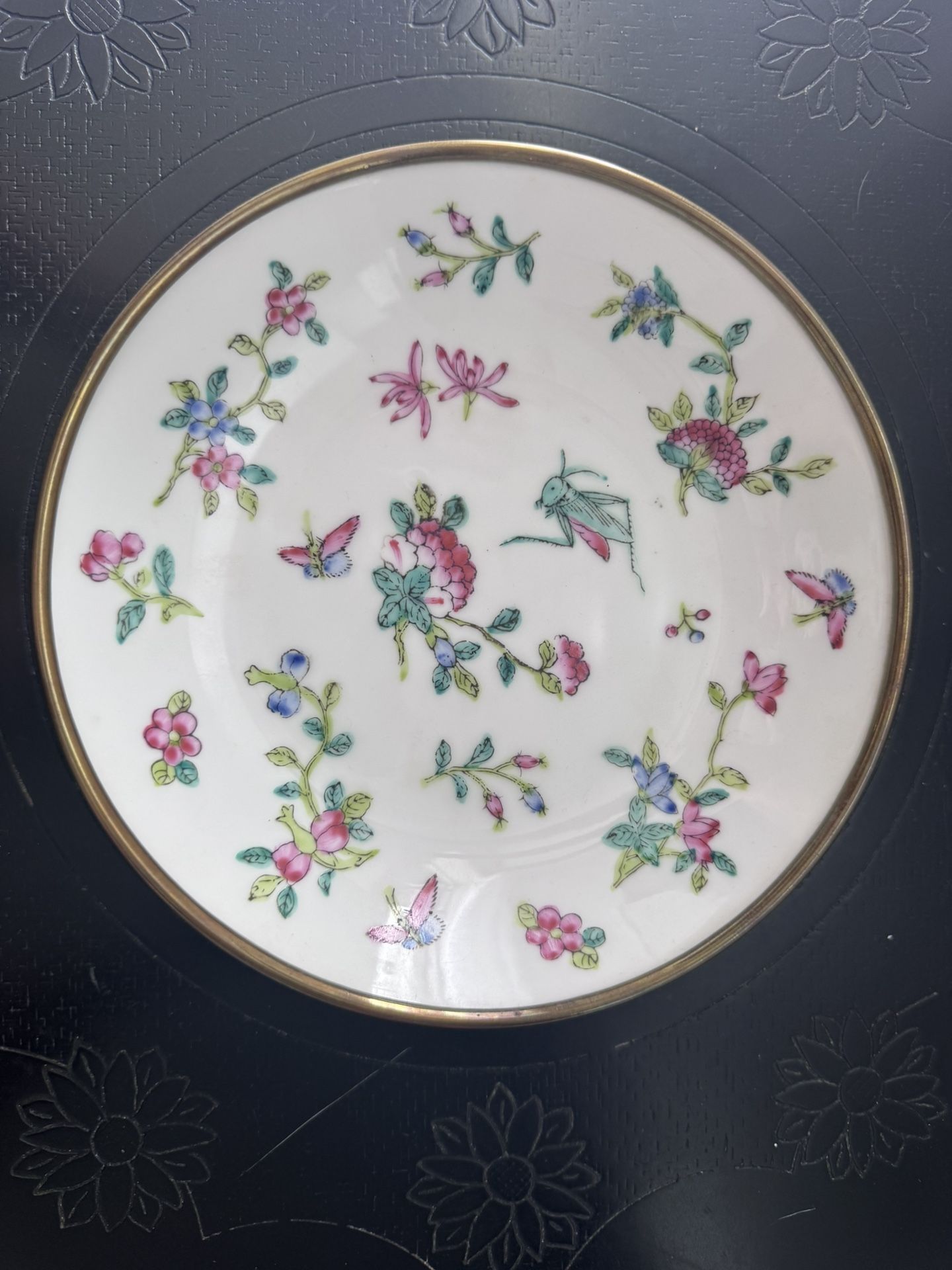 Vintage Chinese Famille Rose Shallow Bowl – Copper Finish –