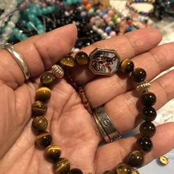 Natural Tiger Eye Bracelets With St. Michael Charms 