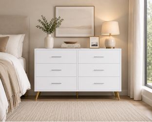 New Modern 6 Drawers Dresser for Bedroom, Dressers & Chests of Drawers for Clothes Storage, Wood Dresser for Closet with 6 Drawers, Wide Long Clothes