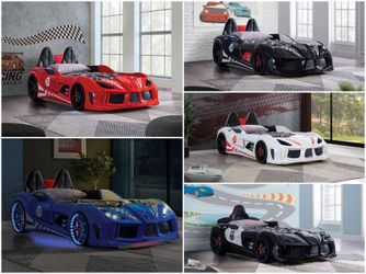 Race/Police Car Bed w LED Lights & Remote - Available in Black, Blue, Black or White Color