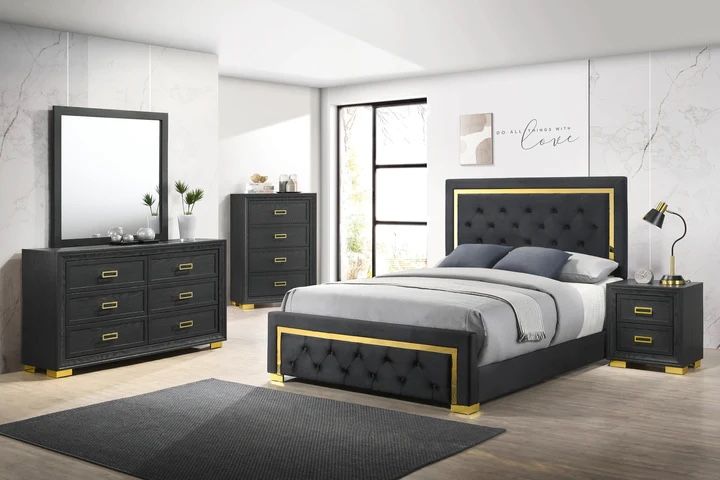 Pepe Black/Gold Panel Upholstered Bedroom Set ( Queen, king, twin, full bedroom  set bed frame tall dresser, nightstand and chest, mattress options