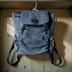 GUSSACI  Blue Denim Style Backpack 12”x14” Faux Leather Trim New No Tags
