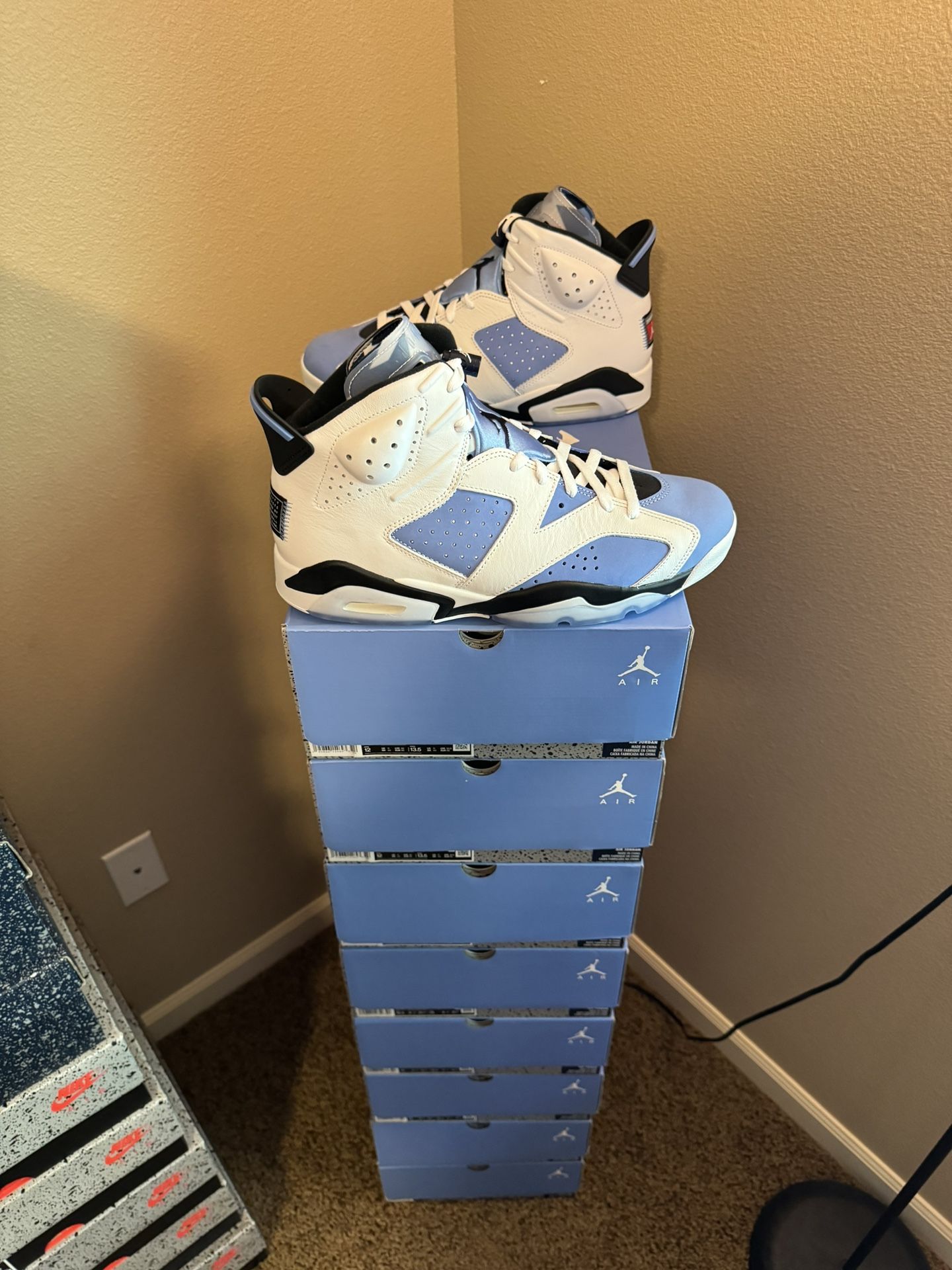 Brand new Air Jordan UNC White 6’s sizes 12-13 with original box and proof of purchase. No trades sorry cash is king.