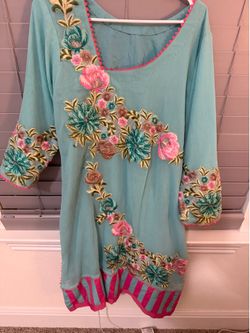 Sea green embroidered 3 pieces dress  large size Chafoon shirt