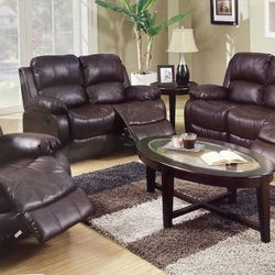 Brown Leather Three Piece Reclining Couch Set 