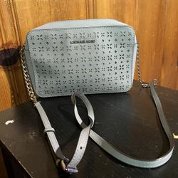 Michael Kors Jet Set Large Laser Cut Leather Crossbody Bag in Dusty Blue