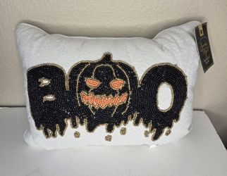 Spooky Night Halloween Beaded Boo Pumpkin Decorative Pillow