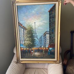 Gold Framed Eiffel Tower Canvas Painting Impressionist