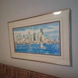 Professionally Framed Barbara Froula Watercolor "Sunset From Elliott Bay", Seattle Skyline 
