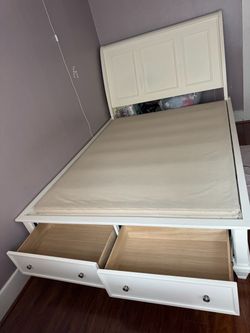 White Wood Bed Frame with Storage Drawers and mattress