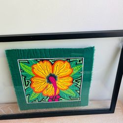Original Guna textile art-Panama Mola hibiscus flower-framed-handmade folk art