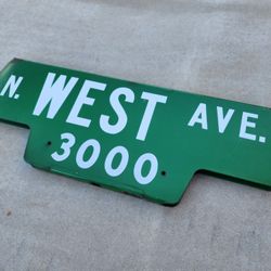 Old Double Sided Porcelain N. West Ave. Green & White Vintage Sign
