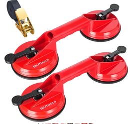 BILITOOLS 2 Pack Double Glass Suction Cups With Ratchet Straps, Heavy Duty Aluminum Vacuum Lifter, 176 Lbs Capacity Each, For Window, Windshield, Tile