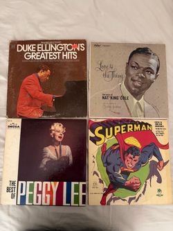 4 Vinyl Records (Duke Ellington, Nat "King" Cole, Peggy Lee, Superman Adventures