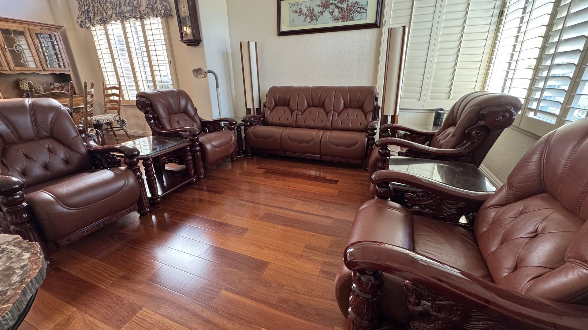 Elegant Solid Wood & Leather Sofa Set – Excellent Condition