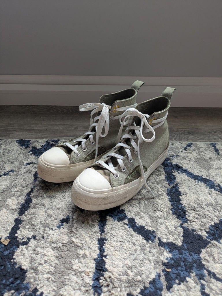Converse All Stars Green Autumn Embroidery Platform Size 8
